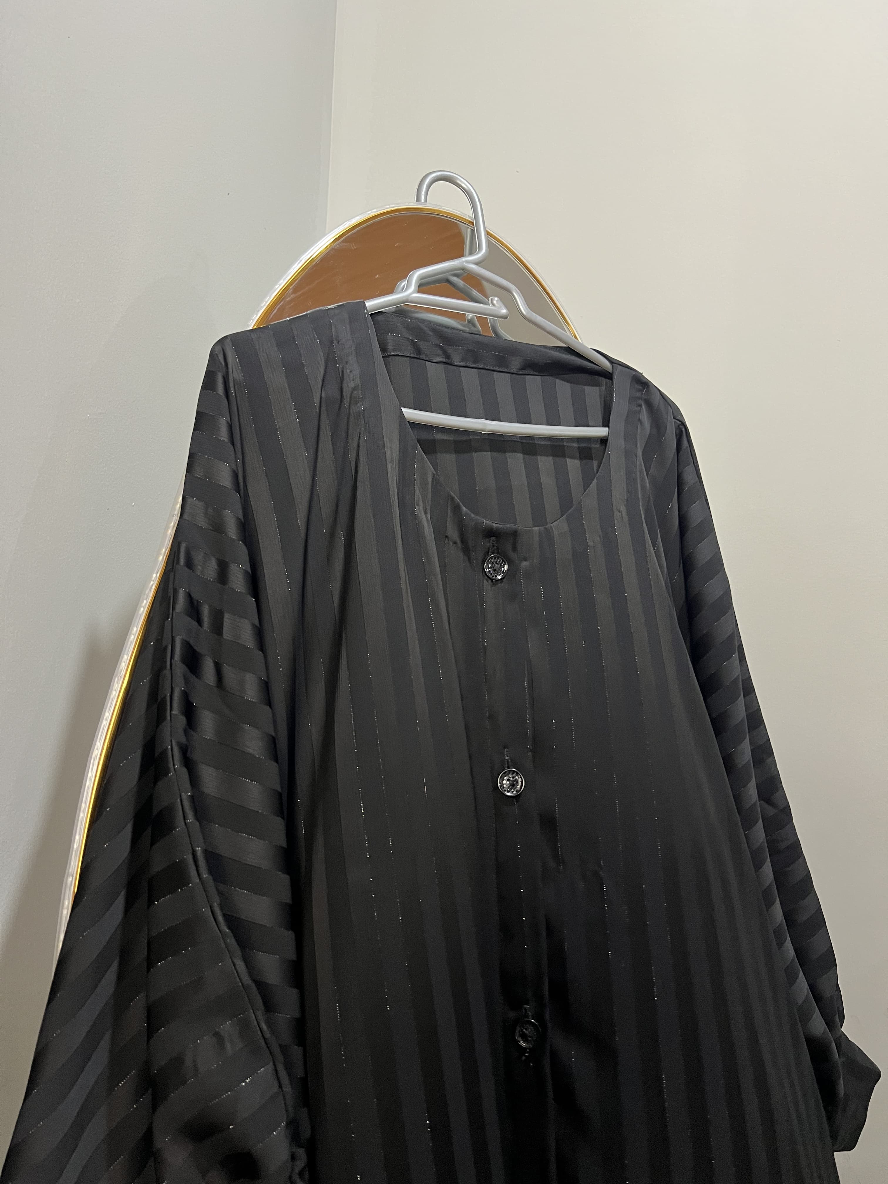 Black Open Button Abaya Premium Acrylic Stripe Nida Fabric