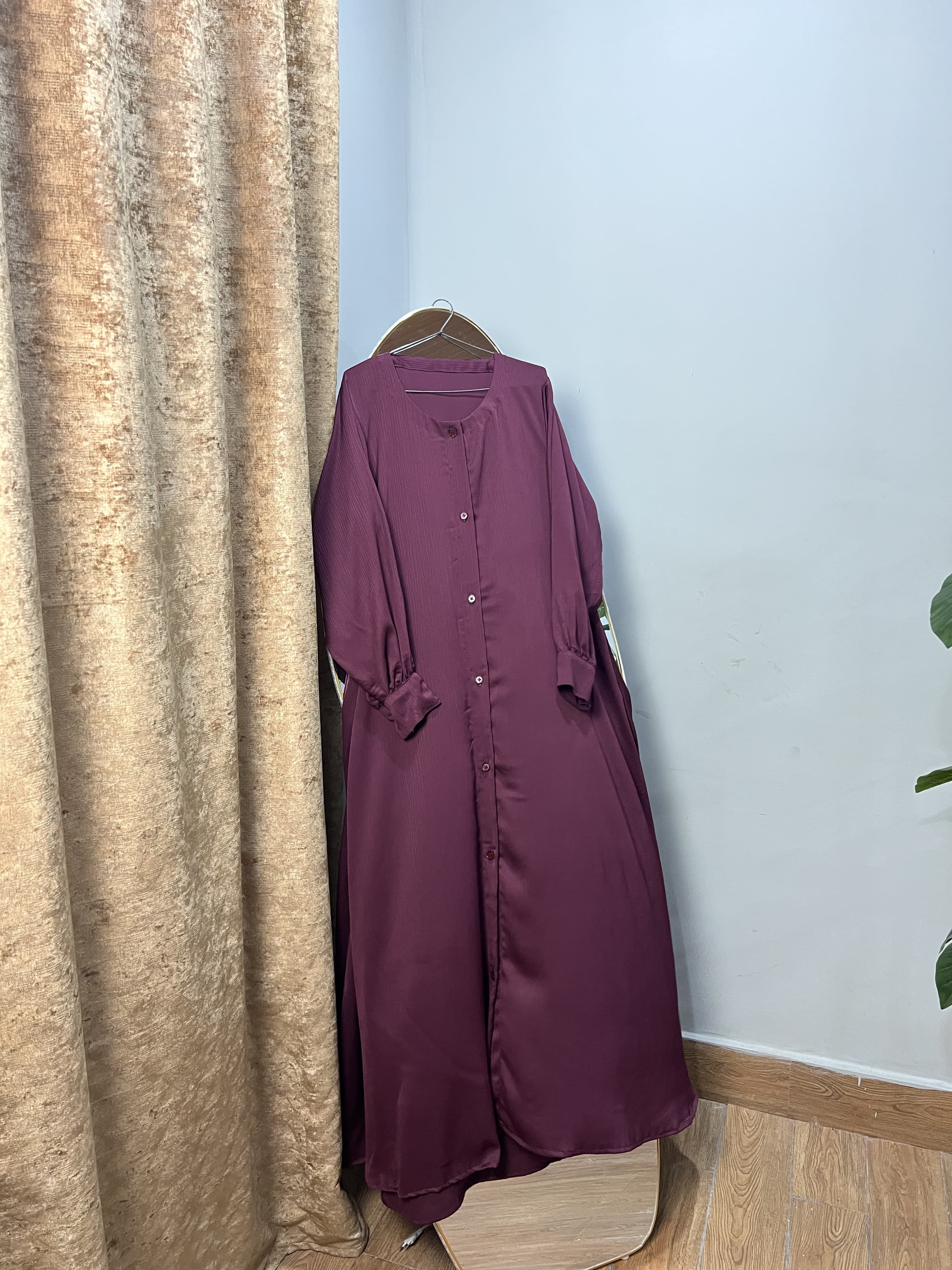 Maroon Open Button Abaya Premium Zoom Nida Fabric